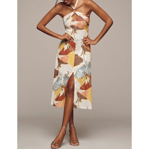 Anthropologie Sarah Hann Blythe Halter Mesh Midi Dress Size M Yellow Pattern - Picture 1 of 10